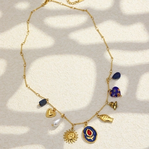 18K gold plated stainless steel necklace with vintage charms and white pearls