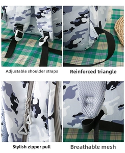 Detailed view of camo backpack with reinforced straps and breathable mesh padding