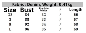 Detailed size chart for women's denim vest and shorts set showing precise measurements