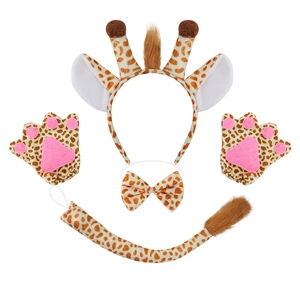 Halloween giraffe costume set including plush headband bowtie tail and paws on white backdrop