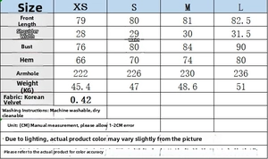 Detailed size chart for women velvet corset dress with CM measurements for XS to L