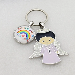 Metal rainbow keychain with angel charm and Schulkind glass pendant for school kids