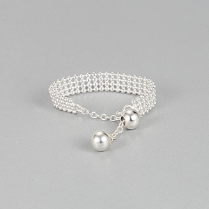 925 Sterling Silver Adjustable Ring Multi Layer Beaded Woven Design With Ball Drop Minimalist Style For Women
