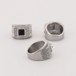 Hip hop silver stainless steel ring for men with black gemstone and white diamonds
