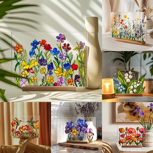 Faux Stained Glass Floral Desktop Ornament Acrylic Flower Art With Wooden Base Modern Home Office Decor Display