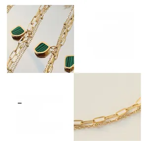 Detail of 18K gold plated titanium steel chain with emerald acrylic pendant texture