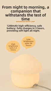 Detail of mushroom night light showing 1200mAh battery and dual brightness modes