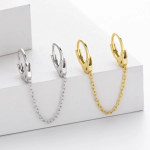 S925 sterling silver double ring chain earrings in gold and silver minimalist handcuff style
