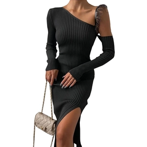 Slim fit black ribbed knit maxi dress with asymmetric feather shoulder and side split