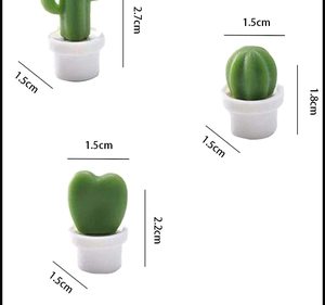 Set of four 3D resin cactus magnets with white pots and precise size dimensions