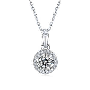 Elegant S925 sterling silver necklace with round moissanite pendant and halo diamond setting