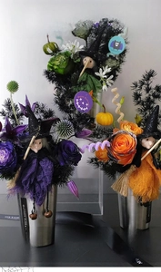 Halloween floral decor set with witch dolls in silver stainless steel buckets
