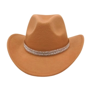 Detail of camel wool western cowboy hat with sparkling pearl rhinestone headband trim