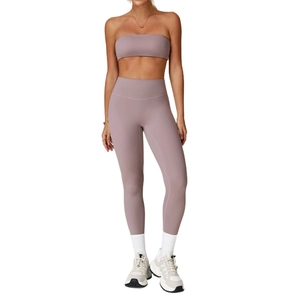 Women's mauve brushed yoga set featuring high-waist leggings and a strapless sports bra