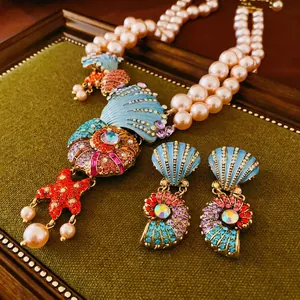 Marine Conch Starfish Jewelry Necklace Earrings Alloy Rhinestone Enamel Artificial Pearl With Silver Earring Post For Women