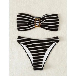 Striped bandeau bikini set with tortoiseshell buckle detail and ribbed knit texture