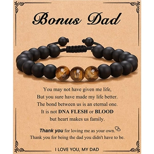 Men's tiger eye and matte black beaded bracelet with 'Bonus Dad' sentiment gift card
