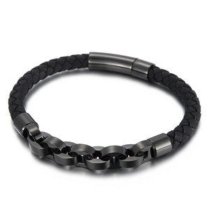 Men's black braided leather bracelet with stainless steel chain and magnetic clasp