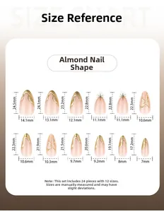Size chart showing 24 pieces of short almond press-on nails in 12 various dimensions