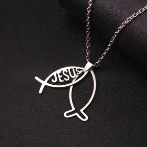 Silver stainless steel Ichthys fish necklace with hollow Jesus pendant on black leather