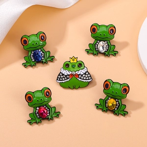 Five-piece cartoon frog brooch set with colorful gemstones and a king frog crown design