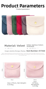 Detailed size guide for velvet jewelry pouches with snap buttons in six elegant colors