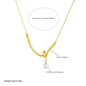 Gold-plated stainless steel V-shaped knotted necklace with a pearl pendant and dimensions