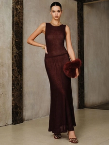 Elegant burgundy sleeveless bodycon knit maxi dress with fine ribbed texture on model