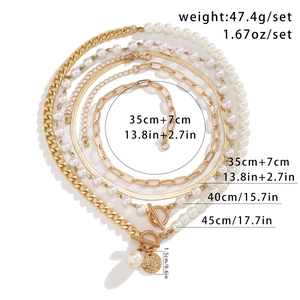 Detailed size specifications for a layered gold necklace set with pearls and pendants