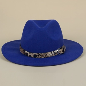Detail of blue wool fedora hat featuring leopard print band and silver metal buckle