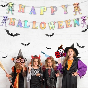 Laser Happy Halloween banner with colorful skulls and bats for party wall decor