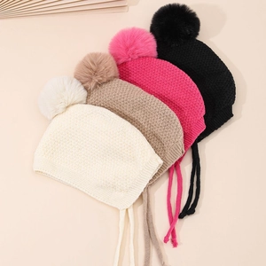 Winter-Strickmützen für Kleinkinder mit Fleece-Futter, Bommeln und Ohrenklappen in 4 Farben