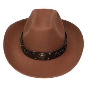 Macro detail of brown felt cowboy hat with leather band and metal horseshoe ornament