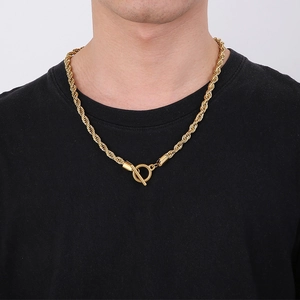 Chaîne torsadée dorée pour homme avec fermoir OT, collier hip-hop en acier inoxydable