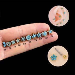Boucles D'oreilles Piercing Cartilage En Acier Inoxydable Cuivre Zircon Avec Turquoise Artificielle Cœur Étoile Fleur Forme