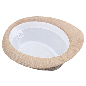 Detail view of woven paper straw hat with inner white band and size label 58