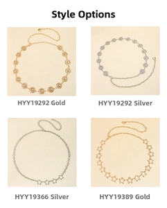 Detail view of four minimalist geometric gold and silver waist chain belt designs