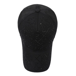 Black truck baseball cap with rhinestones and breathable mesh, minimalist diamond patterns