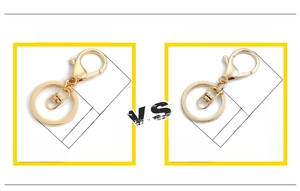 Detail of light gold alloy keychain with lobster clasp and color-preserving plating