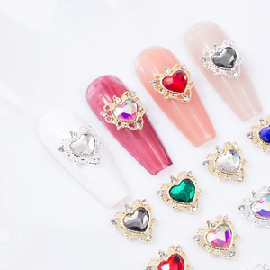 Hollow heart alloy nail art charms with colorful rhinestones in gold and silver settings
