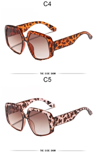 Detail view of square leopard print sunglasses in brown and nude pink frames