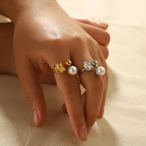 French vintage 18K gold plated stainless steel geometric pearl open ring on model