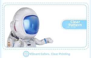 Detail of cute astronaut foil balloon with crisp printing for outer space party decor