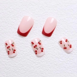 24pcs square French red cherry press-on nails set in sweet nude pink style