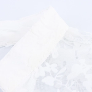 Elegant white mesh long sleeve top with delicate floral embroidery and lace V-neckline