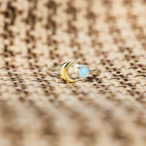 S925 sterling silver moon and star ring with a gold crescent and opal stone