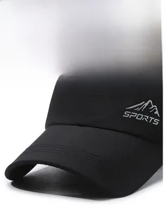 Close-up of black baseball cap side with silver SPORTS text and mountain logo embroidery