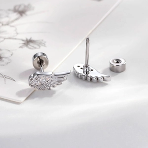 Silver angel wing cartilage stud earrings with micro-set zircon and screw-back closure