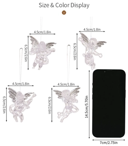 Transparent acrylic angel ornaments size guide showing four poses next to a mobile phone