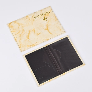Beige marble pattern PU leather passport cover with card slots and gold lettering